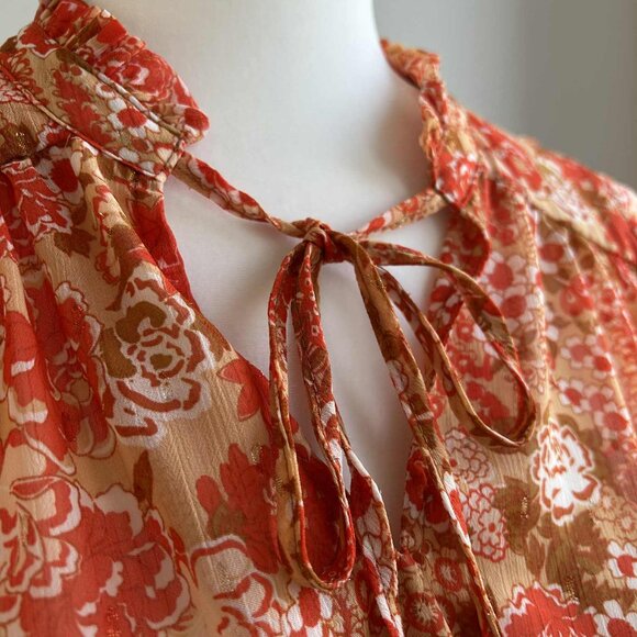 Rachel Zoe Orange Chiffon Floral Metallic Flutter Blouse with Smocked Hem – US M - Picture 5 of 8